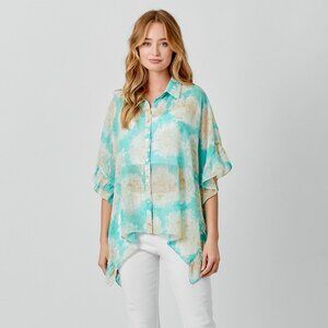 Mystree Aqua Floral Sheer Button Front Ruffle Sleeve Blouse Top Boho Resort Chic